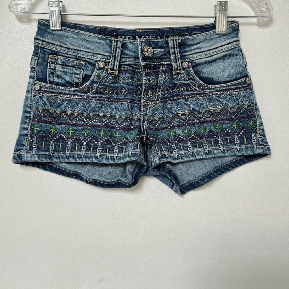 Grace in LA Beaded Embroidered Denim Short Shorts Low Rise Womens Size 24